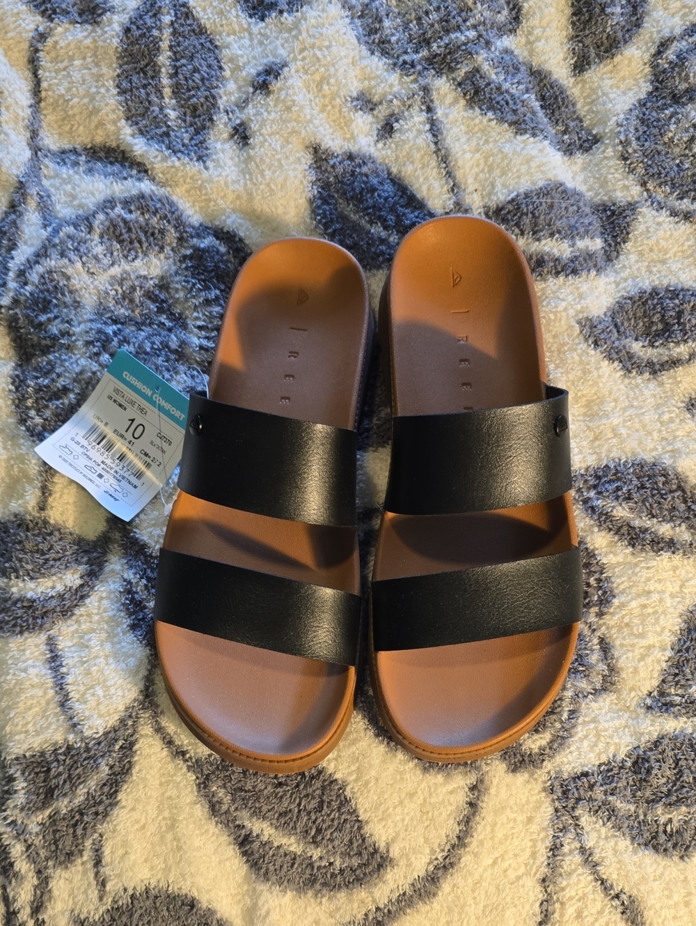 Reef Black Double-Strap Vista Luxe Thea Slide Sandals with Brown Footbed